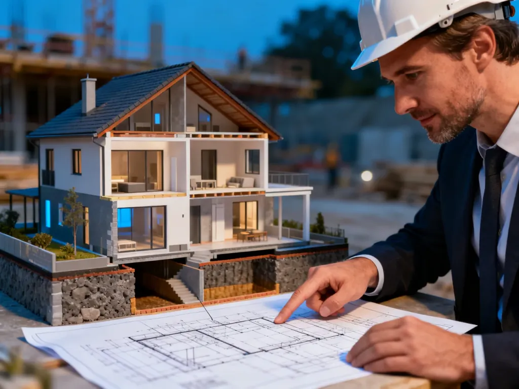 Architekt w kasku wskazuje na planie budowy poziom piwnicy, wyjaśniając strukturę kondygnacji nowoczesnego domu.